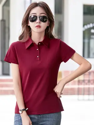 Women Black Polo Shirt Slim Fit Button Down Short Sleeve