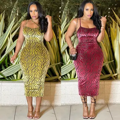Sexy Slim Fit Velvet Printed Dress Yellow Red