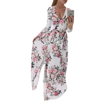 2024 Chiffon Printed V-Neck Long Sleeve Dress Women