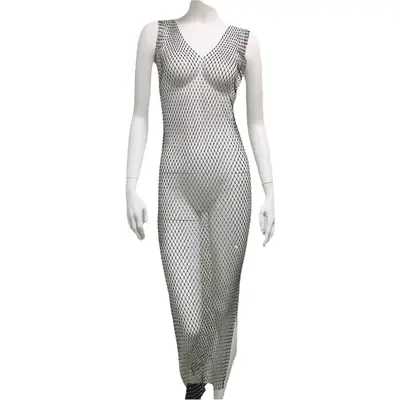 White Rhinestone Fishnet Sleeveless Long Dress for Women