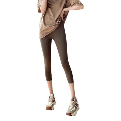Women Cropped Shark Pants Summer Thin Leggings High Waist Brown