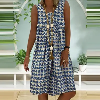 Women's Printed Sleeveless Vest Dress with Tassel