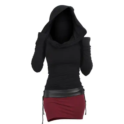 Black Block Cut Mid Waist Hoodie Red Skirt Set