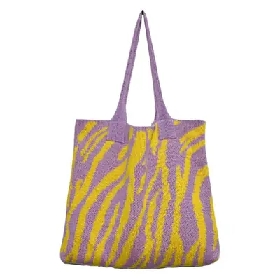 Green Pink Zebra Print Knitted Tote Bag Large Capacity