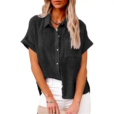 Women Cotton Linen Short Sleeve Shirt Blue Summer
