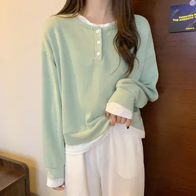 Women Cotton Short Sweater Blue White Trim
