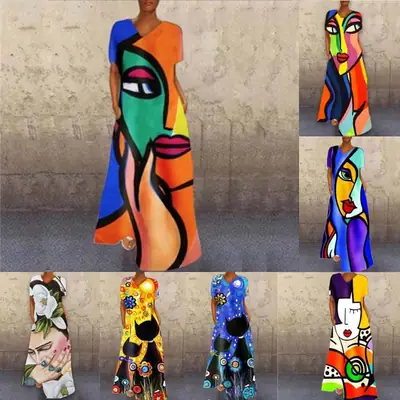 V-Neck Printed V-Long Dress Multicolor