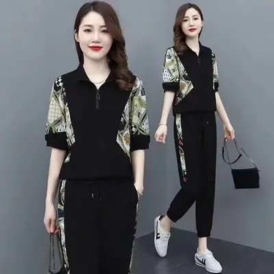 Women's Black Printed Korean Style Sports Suit Summer