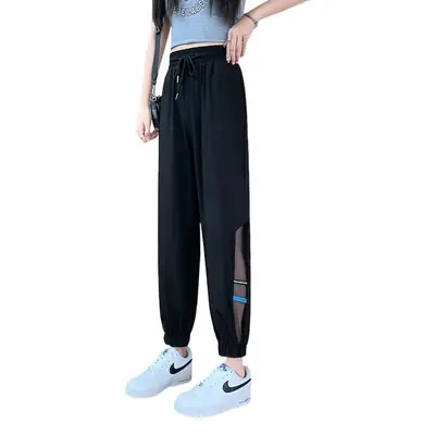 Women Black Ice Silk Loose Leg Pants Summer Large