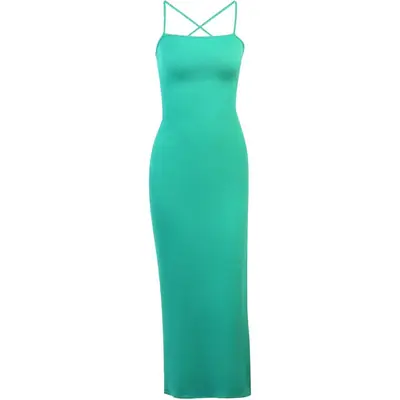 Black Ribbed Strap Backless Long Hip Dress for Women