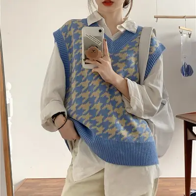 Houndstooth Knit Vest Women Autumn Wear Black White