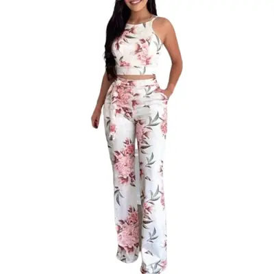 Women Floral Print Pants Set White Pink High Waist
