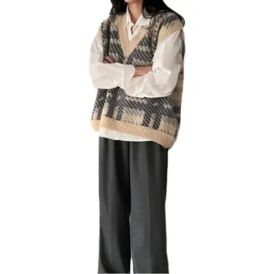 Women Plaid Knit Vest with Long Sleeve Shirt Set