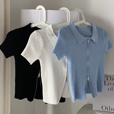 Women Blue Zipper Slimmer Sweater Short Sleeve Summer