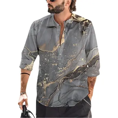 2023 Men Printed Long Sleeve Shirt Open Collar Grey Red Palm