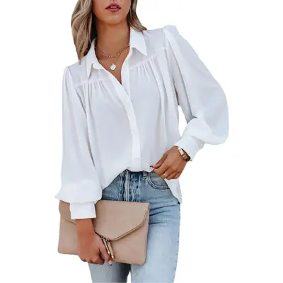 2022 Long Sleeve Buckle Top with Lantern Sleeve Pleated Design