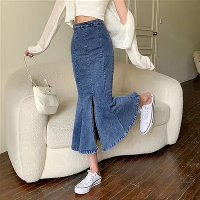 Women Stretch Slim Fit Denim Skirt A Line Split Hip