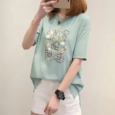 Black Printed Korean Style T-Shirt for Women