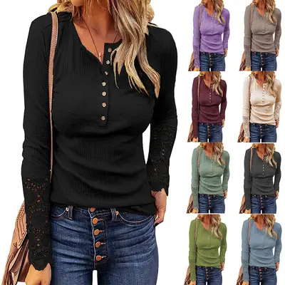 Women's Purple Lace Sleeve T-Shirt Long Sleeve Round Neck