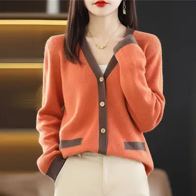 Women Green V-Neck Sweater Jacket 2023 Autumn