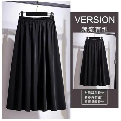 Black A-Line Skirt Women Medium High Waist Pleated