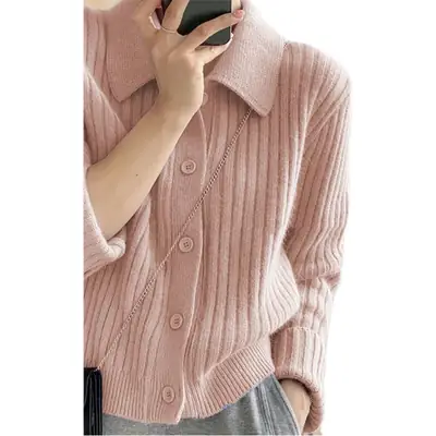 Women's Purple Knitted Polo Collar Sweater Cardigan