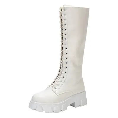 Women's White Thick-Soled Mid-Calf Motorcycle Boots