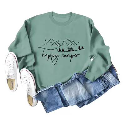 Happy Camper Long Sleeve Sweatshirt Green Loose Fit