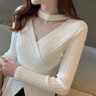 Black Cross V Neck Woolen Sweater for Women
