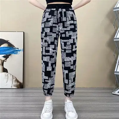Women Ice Silk Maze Jogger Pants Black Grey