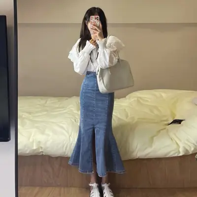 Women Denim Split Waist Skirt 2022 Summer