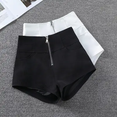 Women Slim Fit Zip Front Shorts Plus Size Black