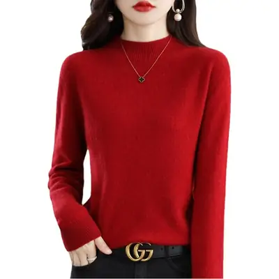 Women Grey Wool Half-Turtleneck Sweater Long Sleeve