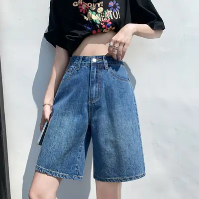 Denim Shorts Women Summer New Ins Loose Large Size High Waist Slimming Casual Wide Leg 5-point Straight Pants