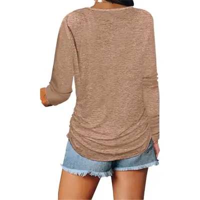 Women Blue Zipper Pleated T-Shirt Long Sleeve Casual Top