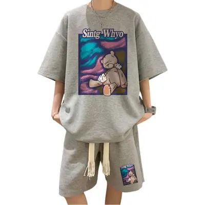 Men Blue Muppet Bear Casual Shorts Set