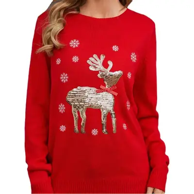 Red Knitwear with Sequin Deer Design for Women