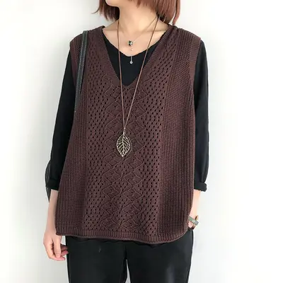 Women Knitted V-Neck Vest Blue Hollow Design