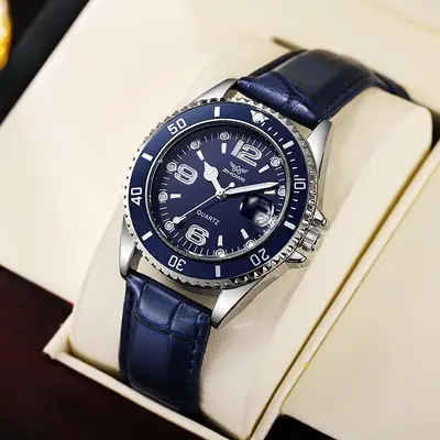 Men's Black Leather Watch with White Dial & Quartz Movement