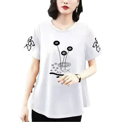 Women Printed T-Shirt Orange Loose Summer Large