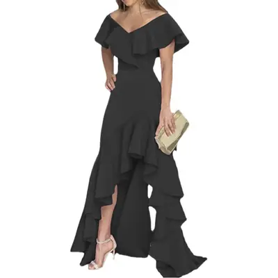 2022 Blue Ruffled V-Neck Maxi Dress for Women
