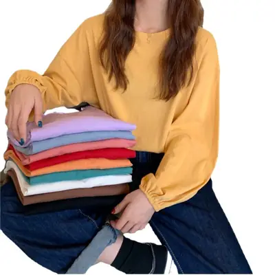 2026 Women Long Sleeve T-Shirt Loose Sweet Solid Color