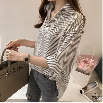 Women Striped 3Q Sleeve Top Casual Shirt 2025 Spring