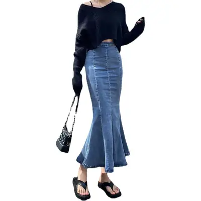Denim Flare Skirt High Waist Elastic Hong Kong Style