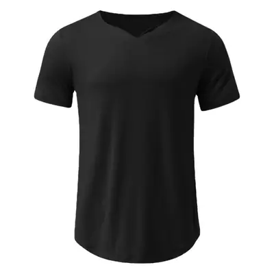 Men V-Neck Black Cotton Slim Fit T-Shirt