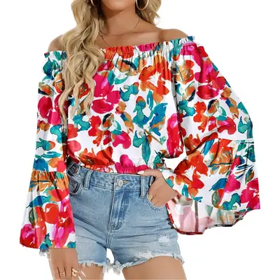 Floral Round Neck Long Sleeve Chiffon Shirt for Women