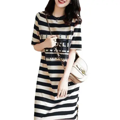 Women Striped Printed T-Shirt Dress Summer Loose Slimming Mid-Length