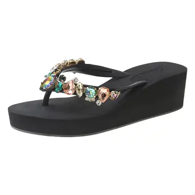 Summer ins New Color Glass Peach Heart Rhinestone Thick Bottom Flip Flops Women's Outer Wear Fashionable Beach Flip Flops