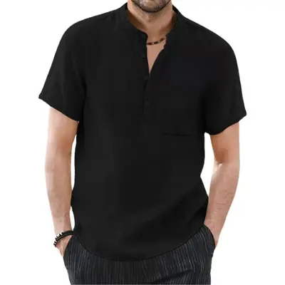 Men's Black Cotton Linen Short Sleeve Shirt with Stand-Up Collar