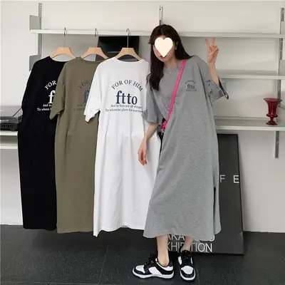 Women Korean Style Split Over Knee Dress Grey